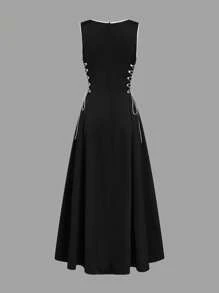 Selianne Women's Elegant White With Black A-Line Waist Accented Sleeveless Long Satin Dress - Black - View 5