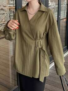 FRIFUL Women's Casual Loose Solid Color Belted Shirt, Turndown Collar Long Sleeve, Autumn