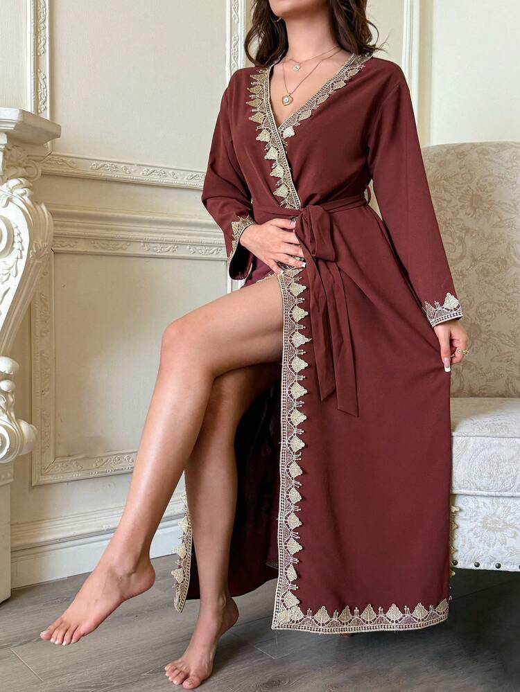 Women's Long Robe With Floral Lace Trim, Elegant Pajama