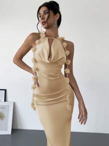 Firerie Elegant Plunge Neck Backless Dress With 3D Floral Decor, Purple, Suitable For Date, Wedding, Spring/Summer - Apricot - View 7