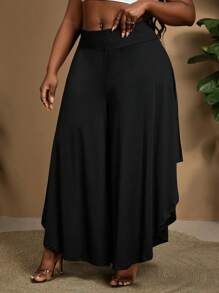 SHEIN CURVE+ Pantaloni larghi asimmetrici di colore tinta unita in taglie comode, Curve Plus, adatto per le vacanze