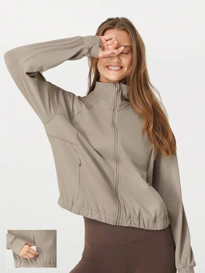 SHEIN x Gi Lancellotti GLOWMODE Sweat-Wicking Quick-Dry Take A Stand Collar Sport Long Sleeve Jacket With Hidden Pockets Thumbholes Daily Casual