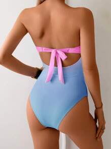 Swim Vcay Springbreak Women One-Piece Swimsuit With Metal Buckle, Ruched, Minimalist, Gradient Print Design, Flattering For Summer Beach Vacation - Multicolor - View 2