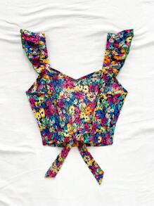 Soleia Top corto con estampado floral, tiras, espalda descubierta y ribete de volantes para mujer, perfecto para vacaciones y primavera
