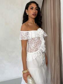 Glamine Sexy Romantic Lace Off Shoulder Ruffle Sheer Blouse, Perfect For Garden Party, Sisters Gathering, Spring Outing, Summer Vacation - White - View 3