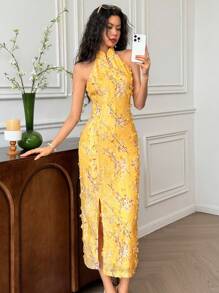 EastFlair 女式优雅夏季花卉贴花开叉连衣裙 - 黃色 - 查看 3