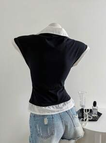 Elamini Áo cánh cài nút trang trí vá màu đen và trắng dành cho nữ, trang phục công sở/làm việc - Đen và trắng - Xem 2