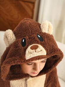 SHEIN Tween Boy Cartoon Embroidery 3D Ear Design Hooded Teddy Jumpsuit - Khaki - View 3