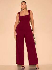 SHEIN BAE Women's Plus Size Black Sleeveless Wide Leg Jumpsuit With Open Button Design, For Spring/Summer Vacation