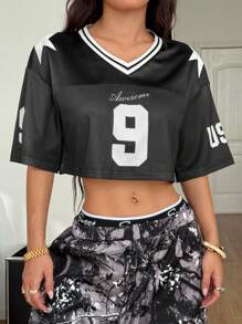 Coolane Camiseta versátil de corte cropped con estampado de letra de jersey de fútbol vintage deportivo de estilo callejero de la época Y2K para mujer