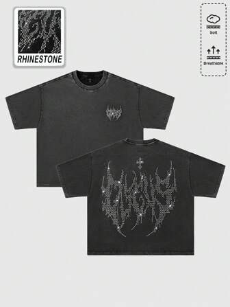 Camiseta de manga corta con estampado de rhinestones, corte holgado y estilo gótico, para rave