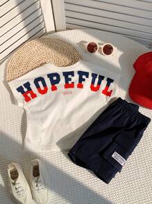 SHEIN Leap Crew 2pcs Kids Young Boy Casual Street, Versatile And Comfortable Letter Printed Round Neck Loose Short Sleeved Pullover T-Shirt In Clean Color Woven Shorts Two Pieces Set Suitable For Commuting To School, Daily Leisure Vacation Travel, Suitable For Sports, Suitable For Spring And Summer Seasons - White - View 9