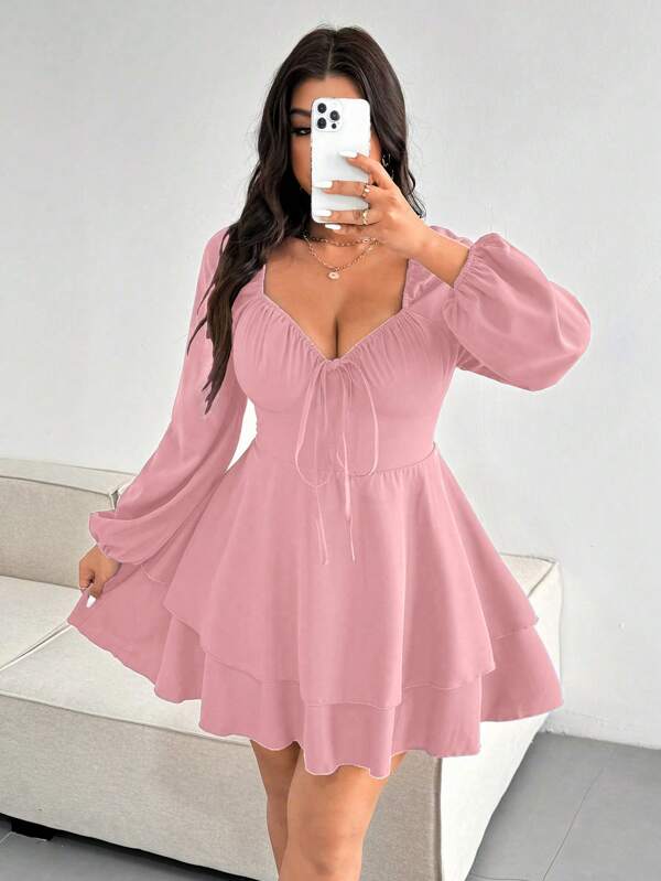 Celure Plus Size Elegant Solid Color Tie Front Layered Hem Dress