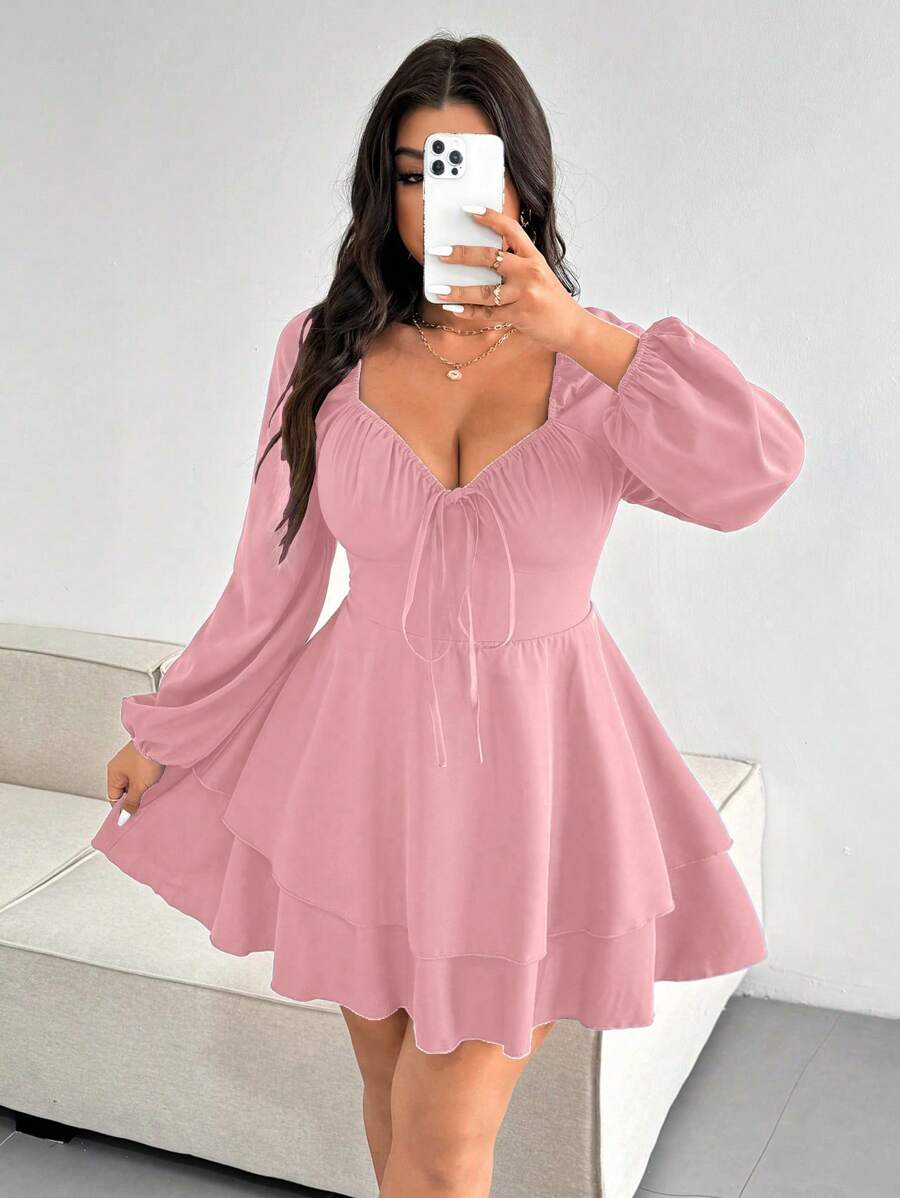 Flirla Plus Size Elegant Solid Color Tie Front Layered Hem Dress Fall Cloth For Women - Baby Pink - View 1