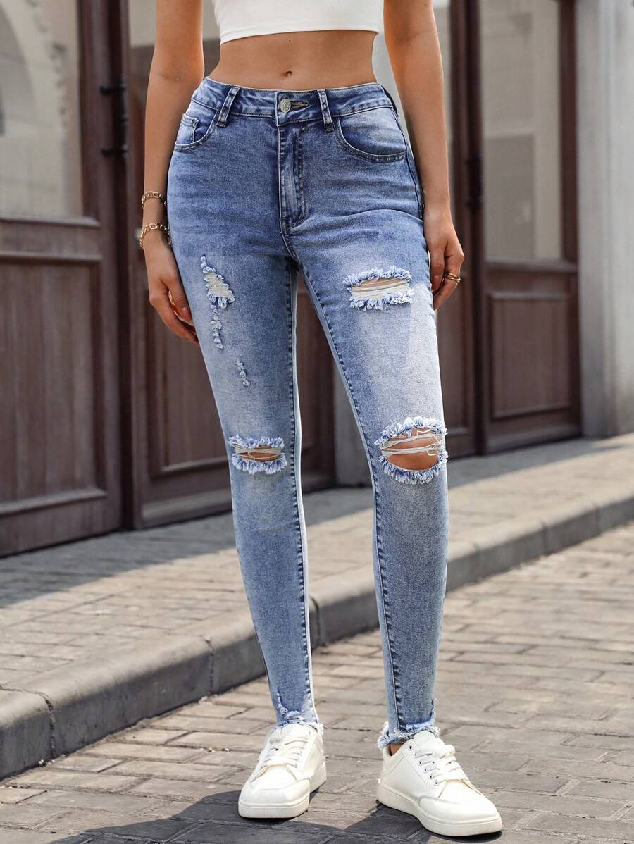 SHEIN Essnce Quần jeans skinny rách cá tính, thanh lịch, đa năng dành cho nữ - Rửa trung bình - Xem 1