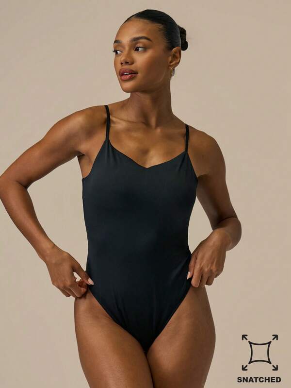 MUSERA Snatched Strappy Plunge Bodysuit Basic Casual Cute Spring Summer