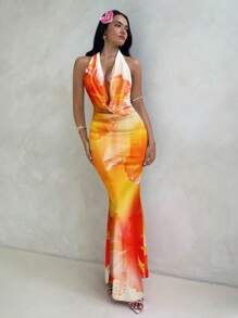 Aloruh Orange Hibiscus Flower Full Print V Neck Women's Casual Seaside Holiday Music Festival Dress For Summer Summer Dresses For Women Suitable For Going Out - Multicolor - View 2