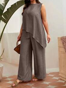 SHEIN Clasi 大码休闲两件套无袖纯色上衣和裤子 - 巧克力棕 - 查看 5