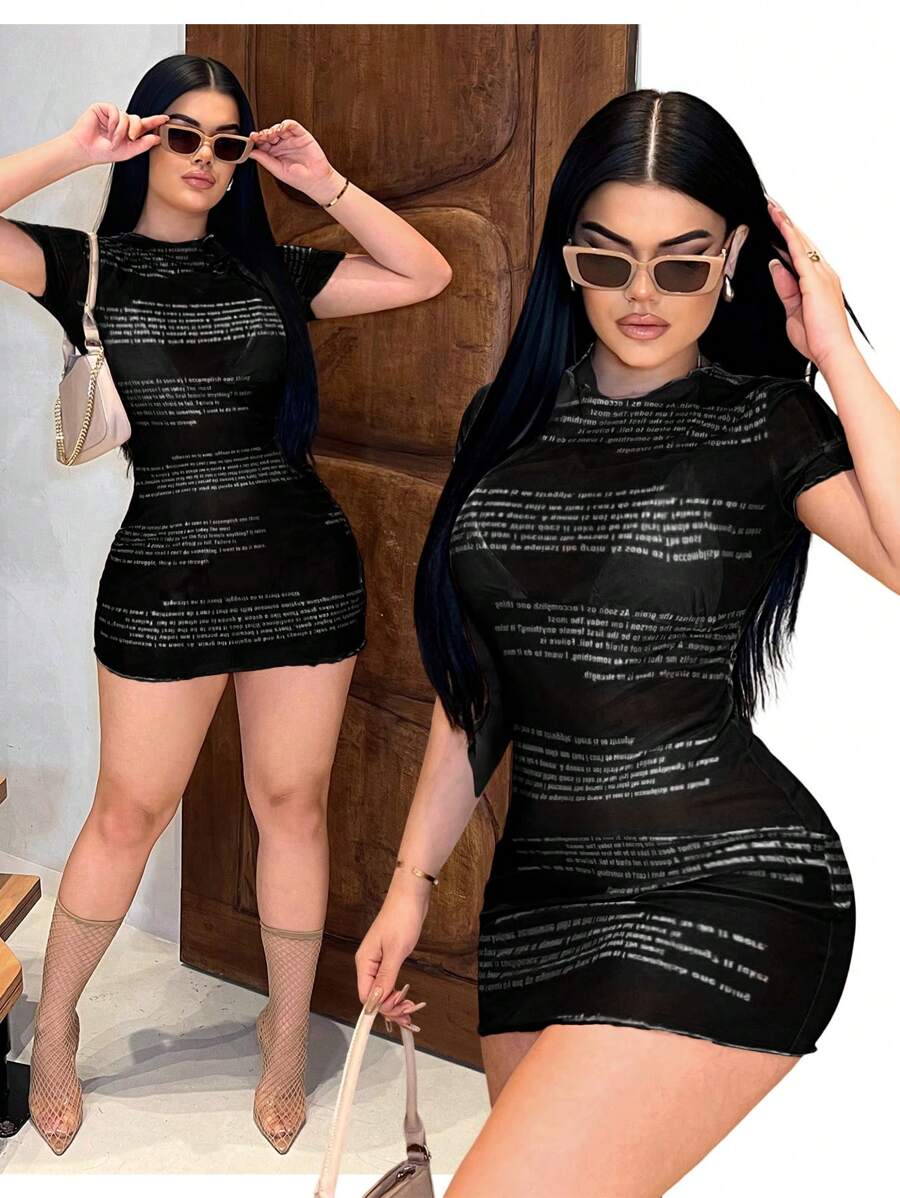 SHEIN SXY Đầm midi bodycon cổ tròn in chữ cho nữ, tay ngắn, gợi cảm cho mùa hè - màu đen - Xem 1