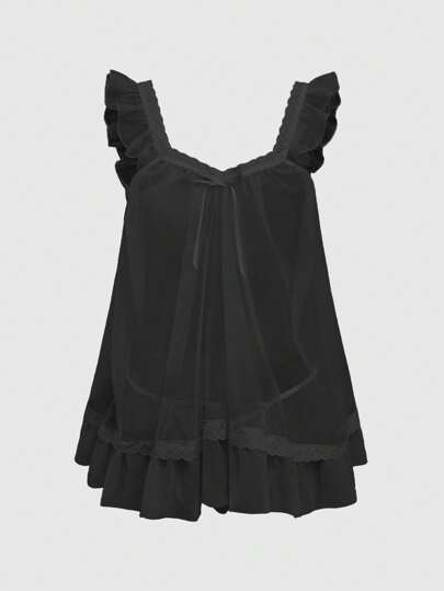Babydoll Kawaii Cute Loose Sheer Dress, Mesh Lace Patchwork Bow Mini Dress, Sexy Tulle Dress Set