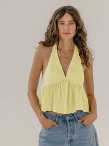 Aralina Striped Halter Neck Flowy Feminine Summer Vacation Cute Butter Yellow Holiday Top - Yellow - View 8