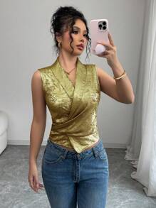 Chiquease 女士优雅纯色交叉露背无袖衬衫 - 金色 - 查看 4