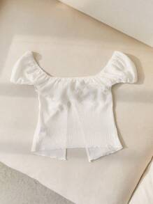 SHEIN Unity White Textured Fabric Sexy Ruched Front Slit Twist Cute Sweet Cropped Top T-Shirt - White - View 2