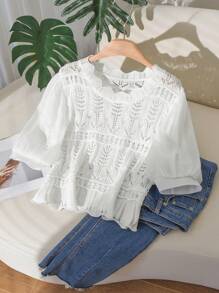 CosyJoli Women 2025 Spring/Summer New Regular Round Neck Hollow Out Puff Sleeve Lace Patchwork Short Sleeve Knit Top