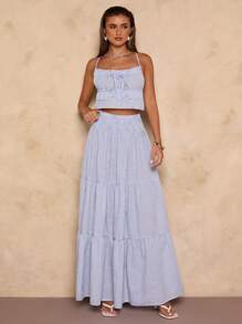 SHEIN BAE Women's Casual Blue Striped Maxi Skirt: Woven Fabric, Tiered Layers, And Elastic Waist For A Comfortable And Stylish Look - Beige - View 4