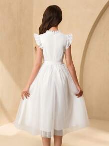 SHEIN Teen Girl Elegant White Flowing Sheer Lace Decor Belted Bowknot Waist Midi Dress, Sleeveless, Tie Closure, Solid, For Teen Girls, Suitable For Occasion, Party, Outing And Event