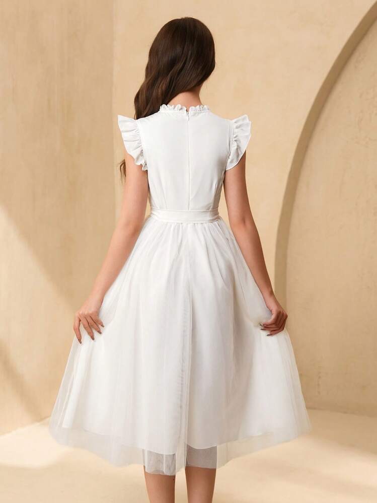 SHEIN Vestido midi con decoración de encaje transparente elegante y fluido, con cinturón de lazo en la cintura, sin mangas, con cierre de lazo, unicolor, para adolescentes, apropiado para ocasiones, fiestas, salidas y eventos - Blanco - Añade 2