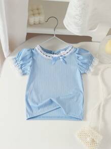 Baby Girl Blue Ribbed Cute Lace Frill Puff Sleeve Blouse, New Summer Collection 2025 - Blue - View 8