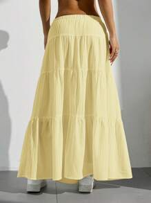 SHEIN EZwear 女式纯色腰带荷叶边下摆纹理长裙，夏季 - 黃色 - 查看 2