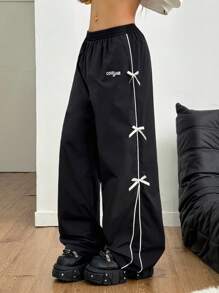 Coolane Pantalones de chándal anchos de pierna ancha de tiro alto con lazo estilo vintage, streetwear y Y2K para mujer, perfectos para festivales de música de primavera/verano