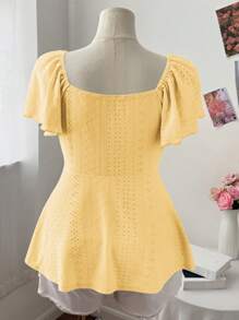 Sweetra Women's Plus Size Square Collar Flutter Sleeve Textured Blouse, Casual Cute & Elegant A-Line T-Shirt - Yellow - View 2