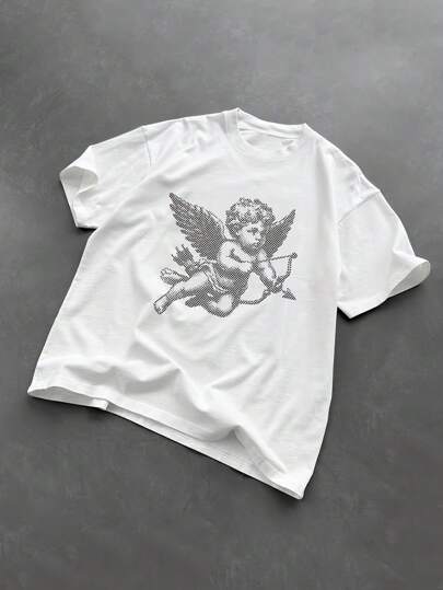 Manfinity Dauomo Camiseta de hombre de cuello redondo con estampado de ángel cupido de estilo urbano para primavera/verano al aire libre