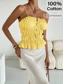 Siren Gaze Women Ruffle Hem Sleeveless Tank Top, Summer - Yellow - View 2
