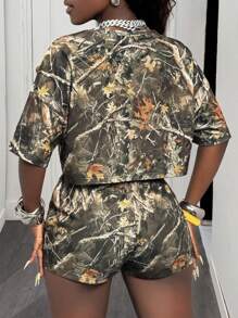 Slaydiva 2 件套女士休闲运动套装，圆领短袖 T 恤和短裤套装，树枝印花面料运动套装，2025 年春夏新品 - 彩色 - 查看 2