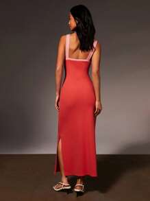 Athîral 女式无袖V领修身休闲拼色长款连衣裙 - 西瓜粉 - 查看 3