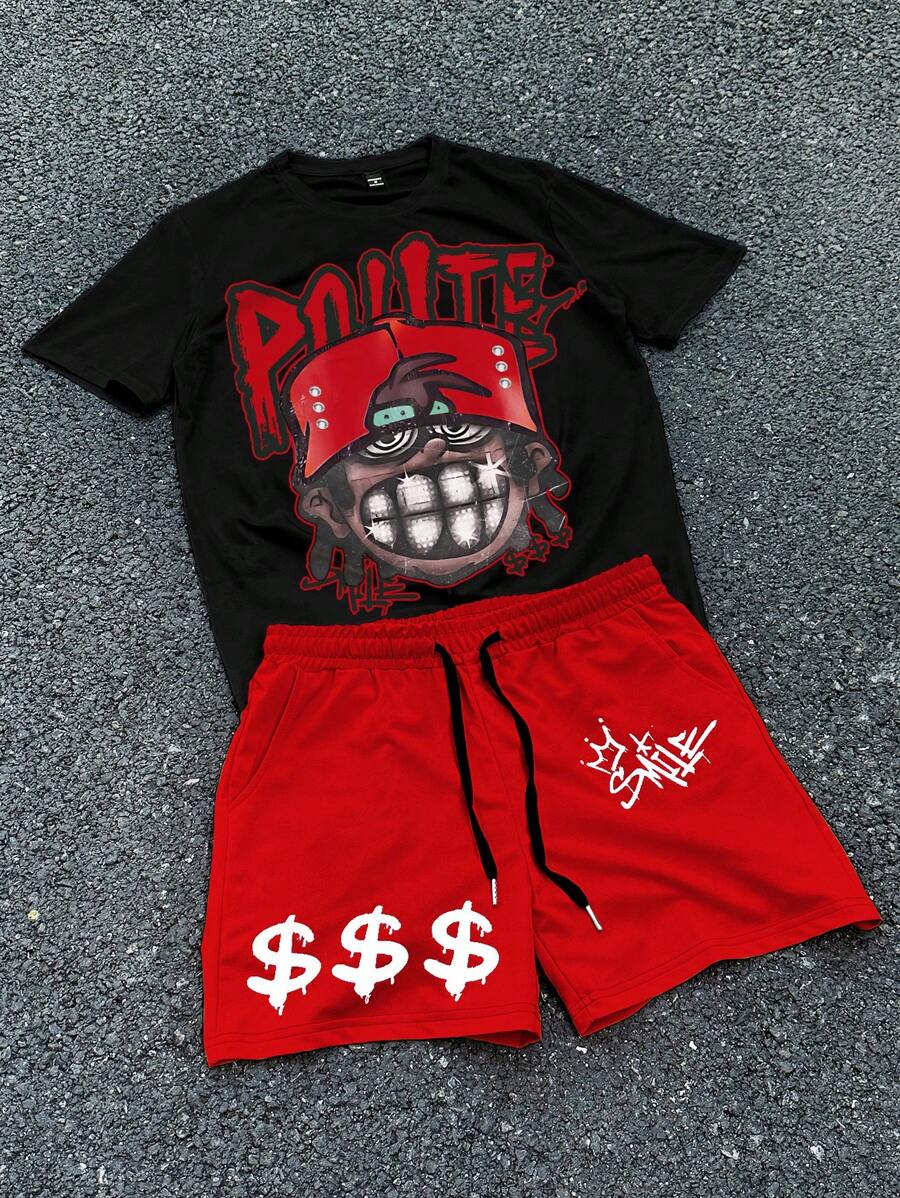 Manfinity EMRG Bộ 2 áo phông in hình nhân vật hiphop màu cam và quần short cho nam - Nhiều màu - Xem 1