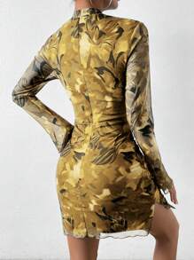 SHEIN Unity Women's Elegant Floral Allover Print Stand Collar Bodycon Mini Dress Fall Cloth For Women - Multicolor - View 2