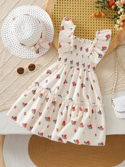 SHEIN Sukienka dziewczęca z nadrukiem dopaminy na Dzień Dziecka w Meksyku, dopasowana do połowy łydki, letnia