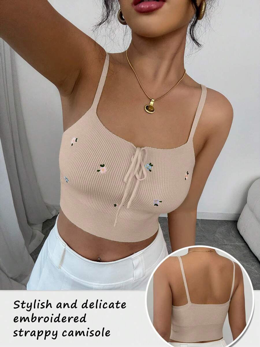 Rafferiza Fashionable Embroidered Tie Strap Knit Tank Top - Baby Pink - View 1