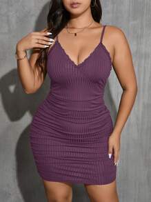 SHEIN Essnce Plus Size Women Black Lace Trim Collar Textured Fabric Spaghetti Strap Mini Dress,Summer Outfits For Women - Brown - View 7