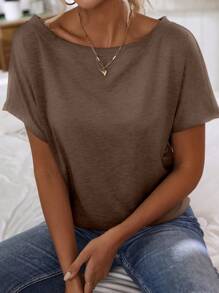 EMERY ROSE Camiseta suelta de manga corta de murciélago con cuello asimétrico liso y casual para mujer - Marrón - Ver 5