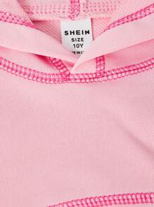 SHEIN Sparklyn Tween Girls 3 件套休闲套装 - 对比色针脚短款连帽衫、细肩带和喇叭裤 - 粉色 - 查看 7