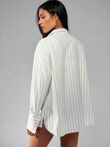 MISSGUIDED Áo sơ mi cài nút cỡ lớn cổ điển kẻ sọc công sở công sở thường ngày tay dài rộng rãi mặc chuyên nghiệp mùa xuân thu hè - trắng - Xem 2