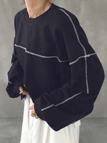 FRIFUL 女式超大短款圆领 T 恤，撞色缝线，春季、秋季服装长袖女式上衣 - 藏蓝色 - 查看 4