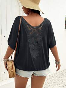 SHEIN LUNE 大码宽松圆领褶饰蕾丝边休闲T恤 - 黑色 - 查看 7