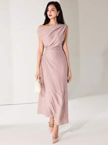 Heiryn Women's Elegant Commuter Lotus Pink Ruffle Asymmetric Neck Sleeveless Dress Summer Outfits For Women   Wedding Guest Dress Women  Off The Shoulder  Pink Dress - Dusty Pink - View 5